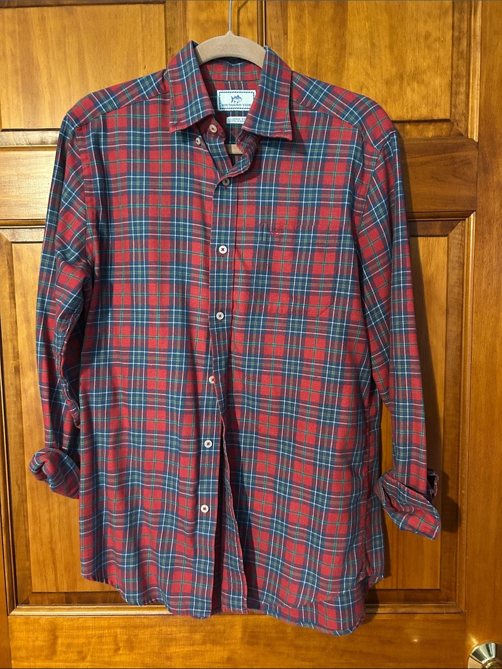 Southern Tide Red and Green Plaid Button-Down Shirt